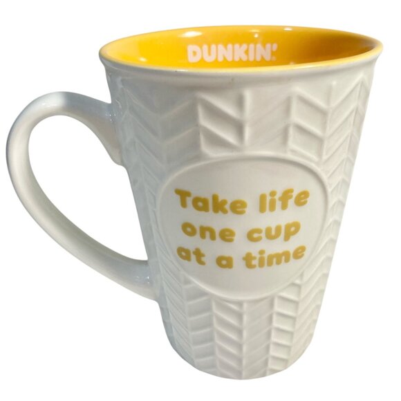 Dunkin' Donuts Ceramic Coffee Cup Take Life One Cup At a Time Yellow White - Picture 1 of 10